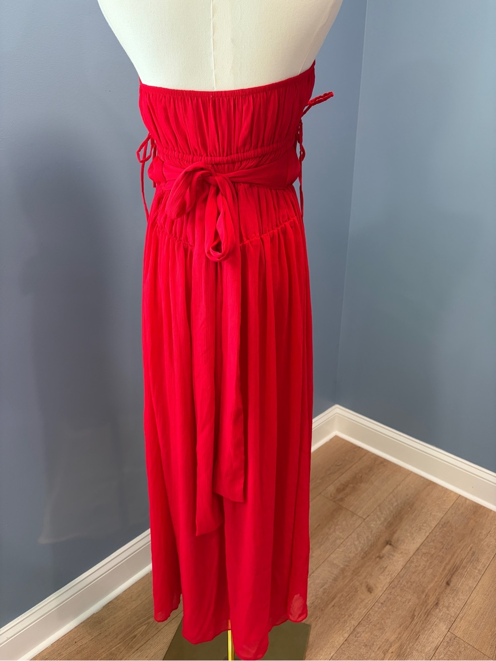 Outcast Red Strapless Maxi Dress XS Smocked Ruched Tie Waist - Picture 5 of 8
